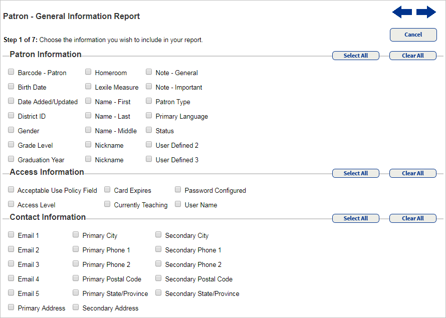 Report builder step 1 of 7 for a patron report.